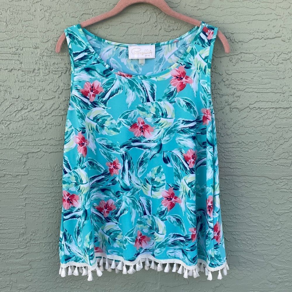 Pappagallo Sz L Tropical Print Tassel Fringe